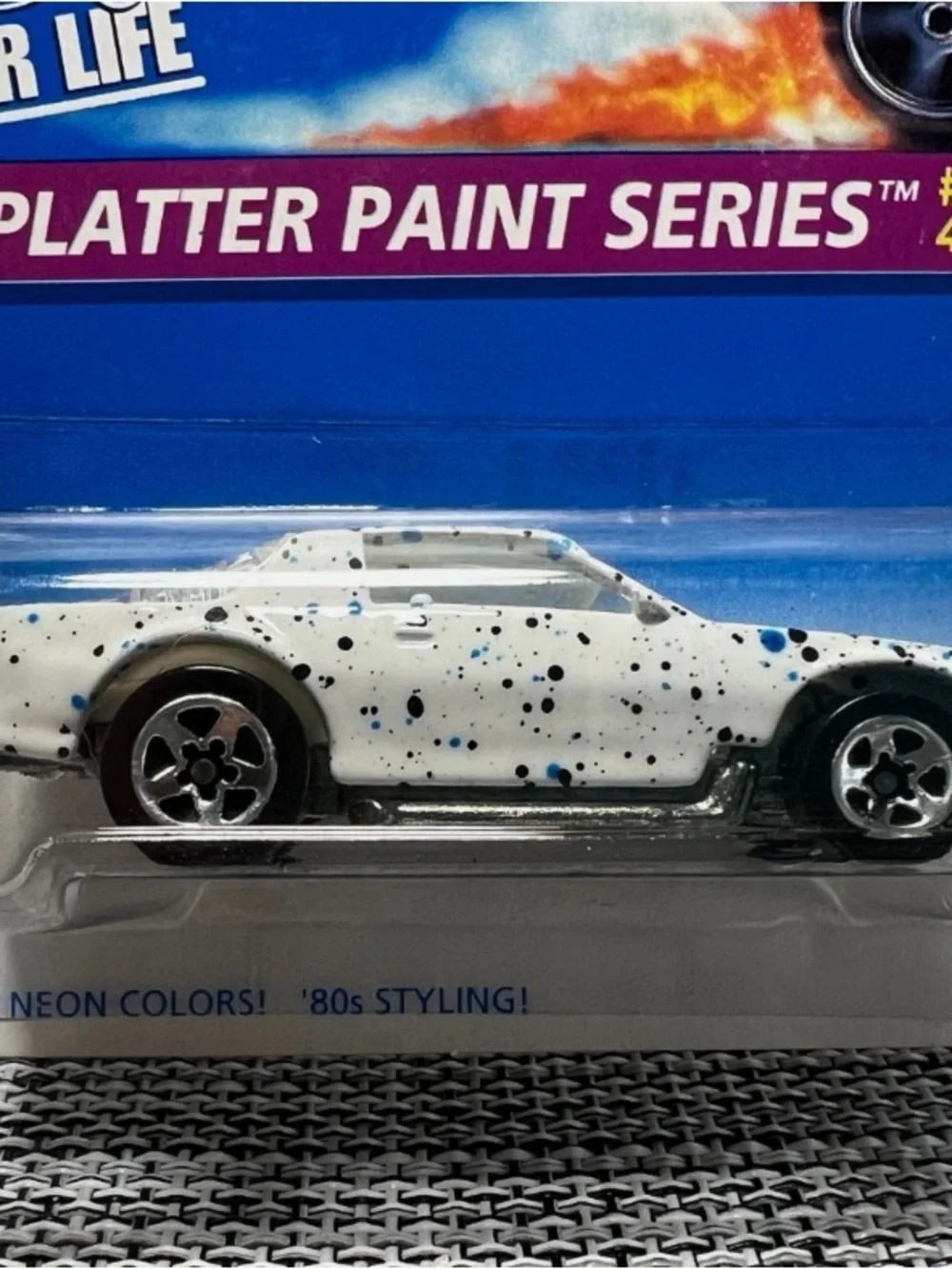 Mattel Splatter Paint Series White Toy Car with Blue and Black Accents